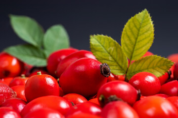 heap rose hip berry with leaves on dark background