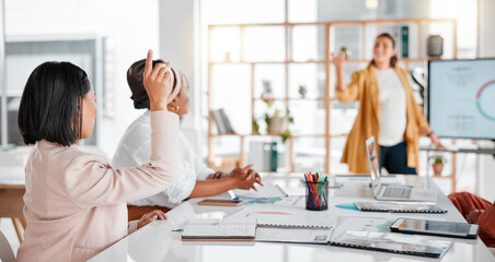 Obraz premium Question, team of women or presentation in business meeting for collaboration, communication or networking. Motivation, strategy or group of employee for SEO brainstorming, creative idea or planning