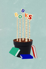 Vertical photo minimal collage of flower pot growing letters read books concept more useful...