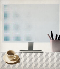 Business desk with computer vintage poster