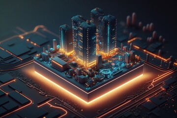 Futuristic circuit board with smart city. Generative AI