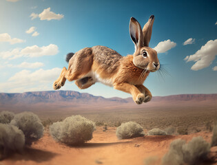 rabbit in sight of desert jumps high enjoying nature, hot Atmosphere and bright Sky in the background, Children's Story, Kid rabbit, blur, 4K, Animal Wallpaper, rabbit Background, cute rabbit, AI