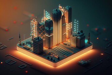Futuristic circuit board with smart city. Generative AI