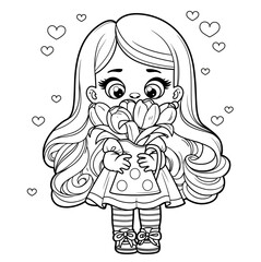 Cute cartoon long haired girl holds holding a bouquet of tulips in a jug outlined for coloring page on white background