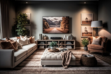 Interior Design Living room, beige, neutral, bright, warm colors, cozy, luxury modern classic apartment, generative ai