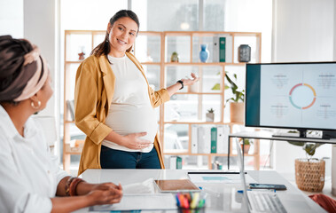 Fototapeta premium Presentation, pregnant woman consulting in business meeting for company growth, strategy review or teamwork in office. Happy, leader or group of startup women for SEO, schedule or planning calendar