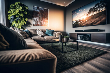 Interior Design brown Living room, bright, warm colors, cozy, luxury modern classic apartment, generative ai