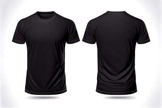 Blank black shirt mock up template, front and back view, isolated on white, plain t-shirt mockup. Tee sweater sweatshirt design presentation for print. Generative Ai.