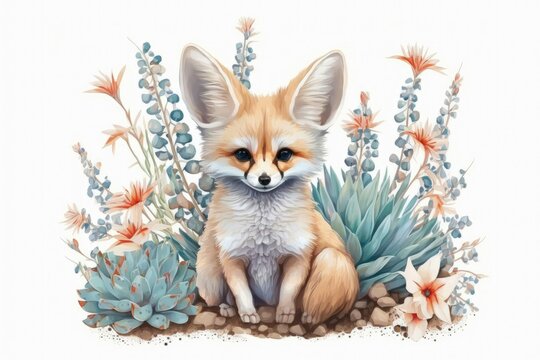 Cute baby fennec fox with floral background. Generative AI