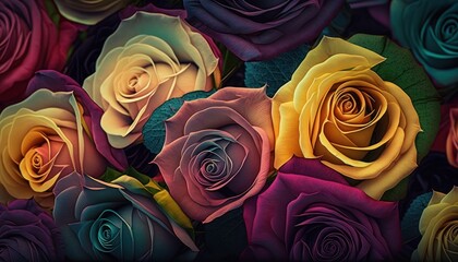 Fototapeta na wymiar Colorful roses background. Rainbow colors roses close up. Generative AI