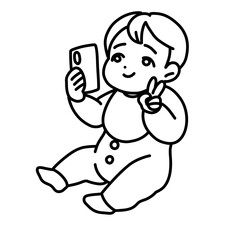 スマートフォンで自撮りする赤ちゃん（線画）