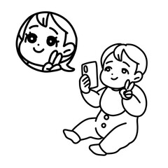 スマートフォンでかわいく自撮りする赤ちゃん（線画）	