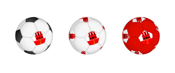 Collection football ball with the Gibraltar flag. Soccer equipment mockup with flag in three distinct configurations.