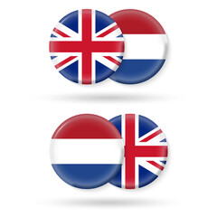 Netherlands or Holland and UK circle flags. 3d icon. Round British and Dutch national symbols. Vector illustration.