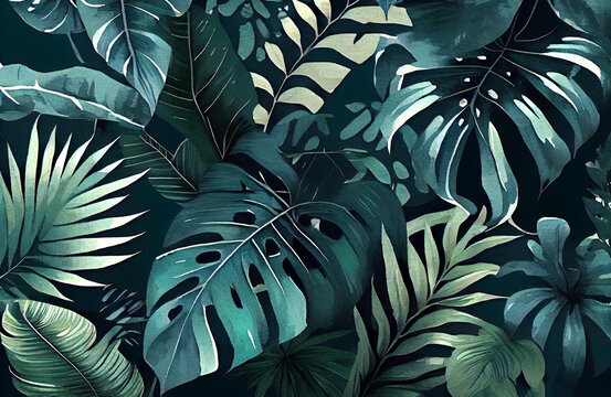 Hand drawn watercolor tropical plants background. Exotic palm leaves, jungle tree, brazil tropic botany elements. Perfect for fabric design. Aloha collection. Generative ai.