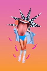 Photo artwork collage of young headless absurd lady wear swimsuit summertime tongue lick stick...