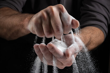 Sand through fingers on black background. Concept of the flow of life.