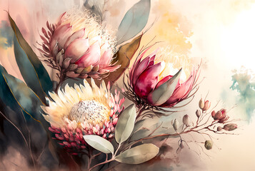 Watercolor illustration of protea flowers. Natural floral background.