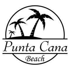 Fototapeta premium Destino de vacaciones. Logo aislado con texto manuscrito Punta Cana Beach con silueta de playa con palmeras en círculo lineal