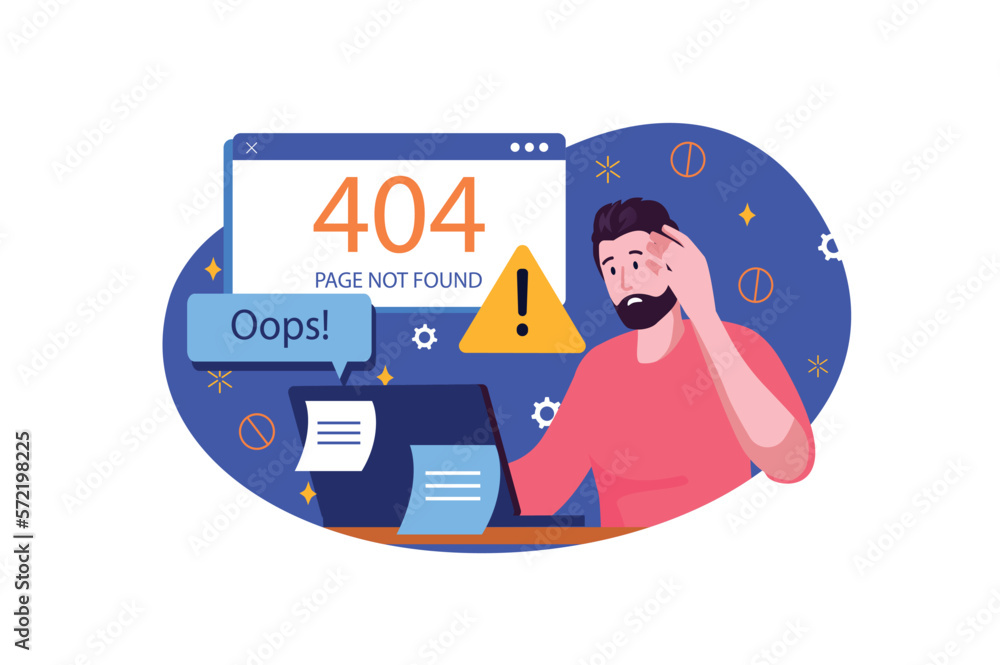 Aufkleber 404 not found blue concept with people scene in the flat cartoon design. programmer is worried about