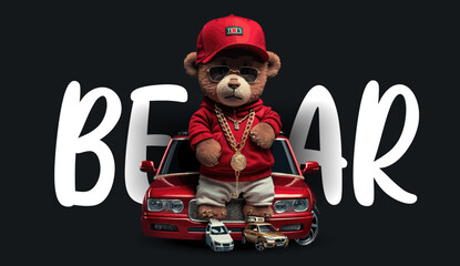 A bear dressed in rapper clothes, wearing a red baseball cap. Funny charming illustration of a teddy bear on a black background. Print for your clothes or postcards. Vector illustration - obrazy, fototapety, plakaty