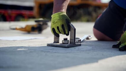 Hand tightening nut on screw of steel anchor bolted into concrete pad. - Powered by Adobe