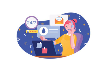 Call center blue concept with people scene in the flat cartoon design. Call center employee answers all customer calls and letters. Vector illustration.