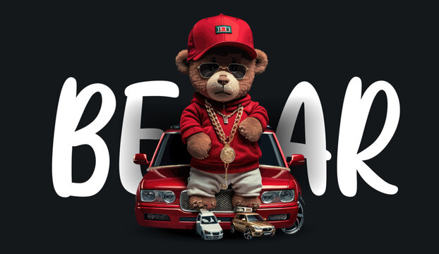 A bear dressed in rapper clothes, wearing a red baseball cap. Funny charming illustration of a teddy bear on a black background. Print for your clothes or postcards. Vector illustration