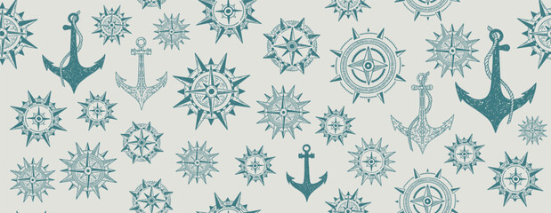 Fototapeta premium Compass Wind rose, Anchor, pattern, hand drawn Illustration. 
