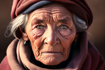 Close up photo of an old white woman with wrinkles and headscarf, looking straight into the camera, illustration Generative Ai