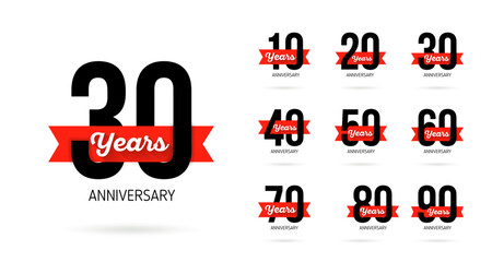 Set of 10-90 anniversary celebration emblems. Elegant anniversary emblem with red ribbon on white background, vector illustration design template for web, greeting card and invitation card