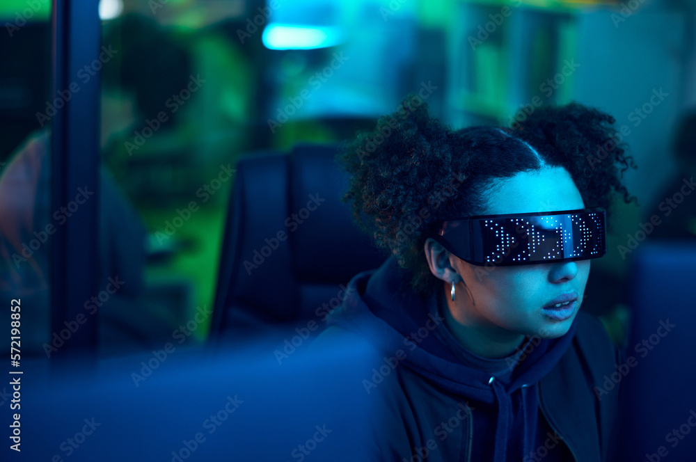 Leinwandbilder Computer hacker, cyberpunk and neon woman hacking software, online server or programming password phishing. Blue ransomware developer, cyber security glasses and night programmer coding malware code