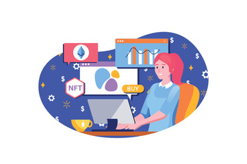 NFT blue concept with people scene in the flat cartoon design. Woman works on the digitization of various data and earns money from it. Vector illustration.