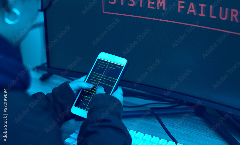 Poster phone screen, code and hacker hands for cybersecurity, information technology and phishing fail or s