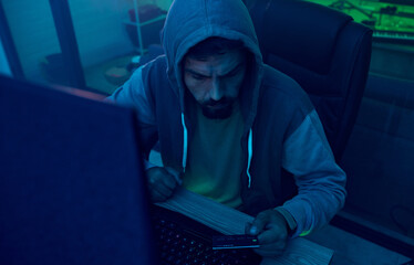 Computer, credit card or neon hacker hacking online software, fintech server or fraud password...