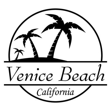 Destino de vacaciones. Logo aislado con texto manuscrito Venice Beach California con silueta de playa con palmeras en círculo lineal