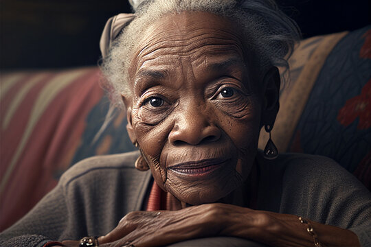 Close up photo of an old black woman with wrinkles sitting on a couch looking straight into the camera, illustration Generative Ai