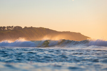 Breaking wave under the sunrise golden light.