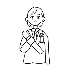 卒業証書を手にした女性の卒業生（線画）