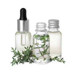 Bottles of thyme essential oil and fresh plant isolated on white