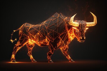 Fire sculpture of a Bull, Bullish in Stock market and Crypto currency. Generative Ai