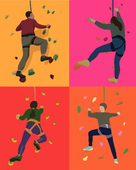 Vector isolated illustration of a set of people on a climbing wall.
