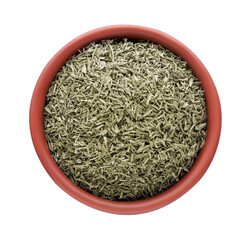 Bowl with dried thyme isolated on white, top view