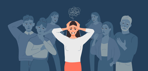 Stress management. A frustrated girl stands in a crowd of condemning people. Social depression, mental burnout and anxiety. Flat vector illustration.
