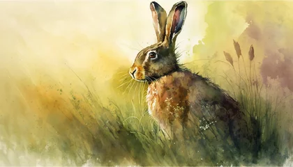 Foto op Aluminium Watercolor painting of hare on grassy field. Generative AI. © Aul Zitzke