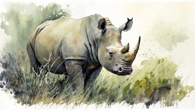 Watercolor painting of rhino on grassy field. Generative AI.