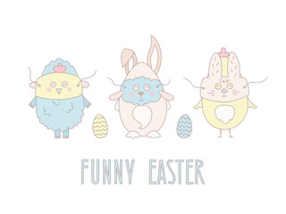 Funny Easter characters with masks for card, banner. Vector illustration with bunny, lamb, chicken baby