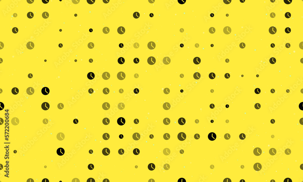 Poster seamless background pattern of evenly spaced black time symbols of different sizes and opacity. vect