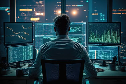The back view of a trader who trades on the stock market, sits behind monitors with charts, prepares for a fall in stock prices. Ai generative.