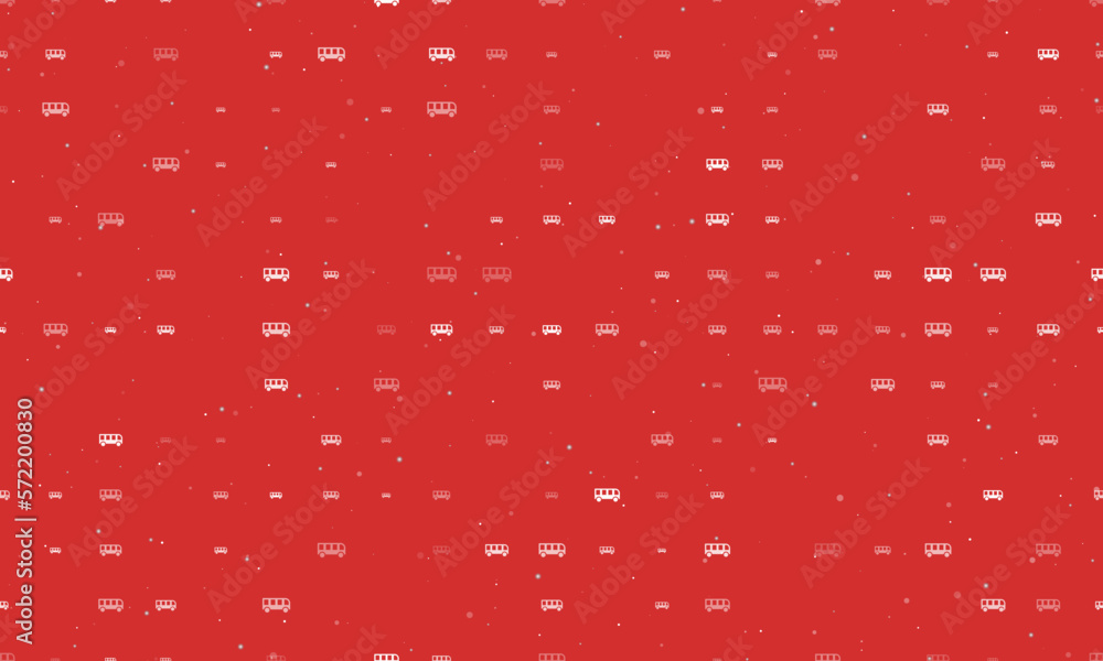Poster Seamless background pattern of evenly spaced white bus symbols of different sizes and opacity. Vector illustration on red background with stars